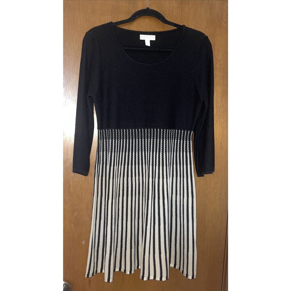 Dana Buchman Women's Knit Midi Dress LARGE Black Beige Stripes 3/4 Sleeves